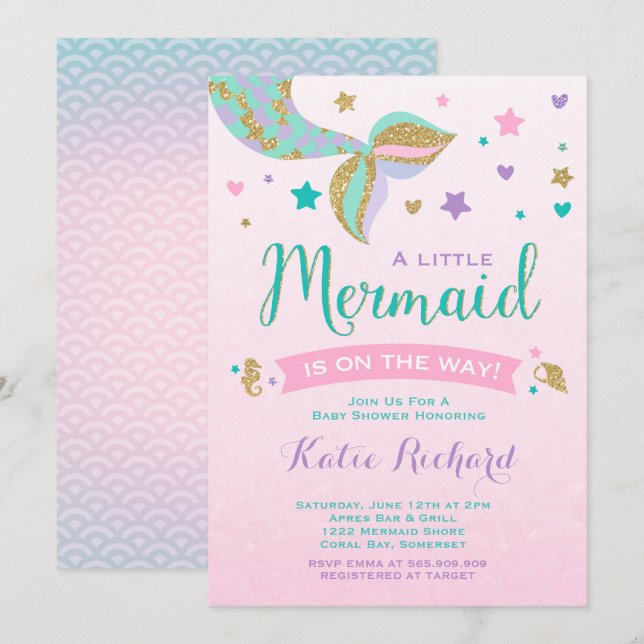 Invitación a Baby Shower de sirena morado Verde az (Anverso / Reverso)