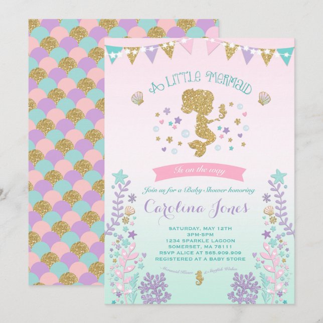 Invitación a Baby Shower de sirena morado Verde az (Anverso / Reverso)