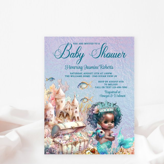 Invitación a Baby Shower de sirena negra (Cute mermaid baby shower postcard.)