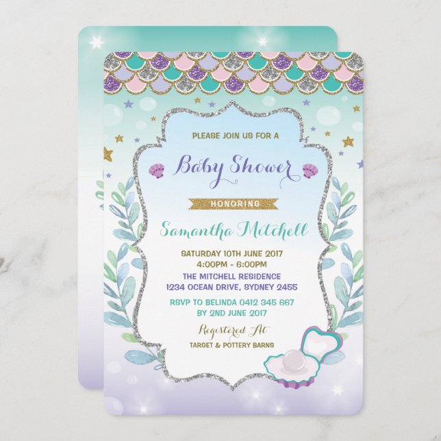 Invitación a Baby Shower de Sirena Océano de oro m (Anverso / Reverso)