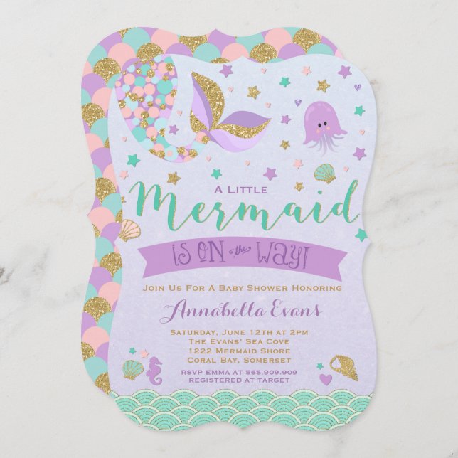 Invitación a Baby Shower de sirena oro morado Verd (Anverso / Reverso)