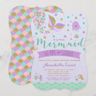 Invitación a Baby Shower de sirena oro morado Verd