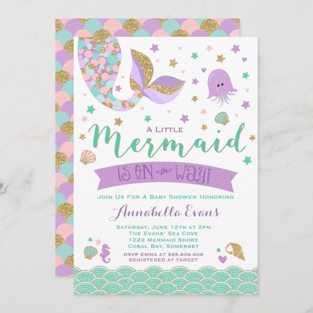 Invitación a Baby Shower de sirena oro morado Verd (Anverso / Reverso)