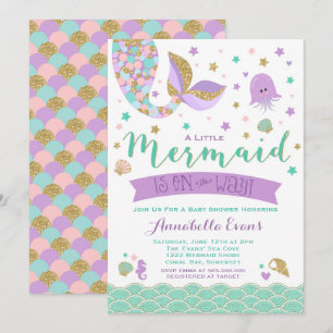 Invitación a Baby Shower de sirena oro morado Verd