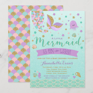 Invitación a Baby Shower de sirena oro morado Verd
