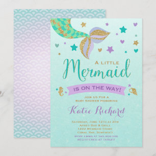 Invitación a Baby Shower de sirena oro morado Verd