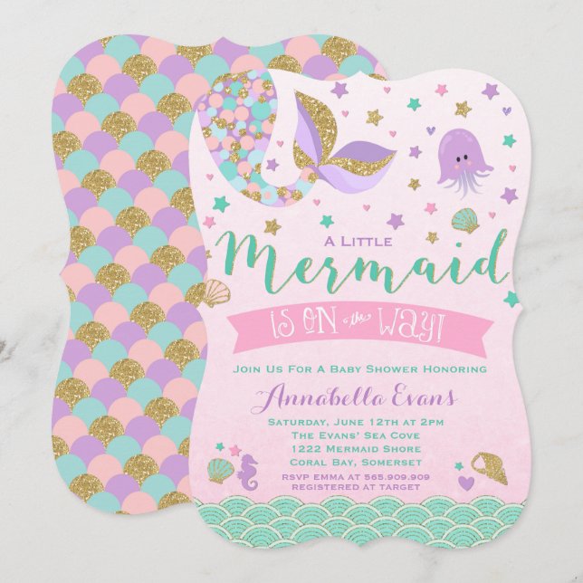 Invitación a Baby Shower de sirena Verde azulada p (Anverso / Reverso)