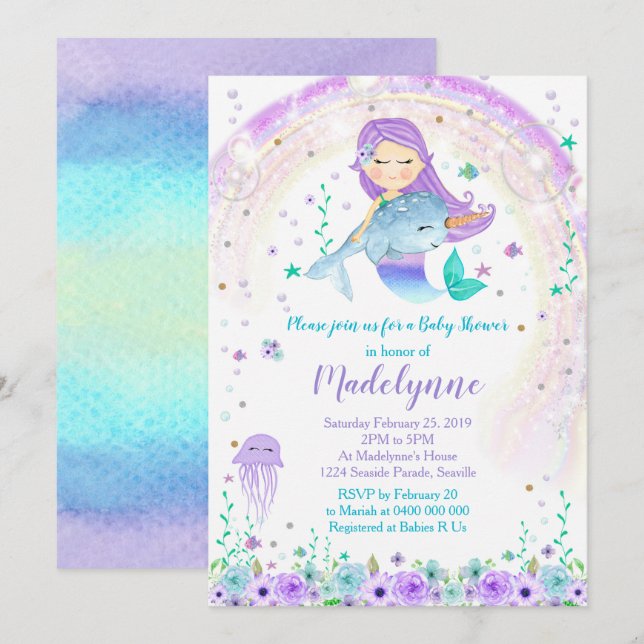 Invitación a Baby Shower de Sirena y Narwhal (Anverso / Reverso)