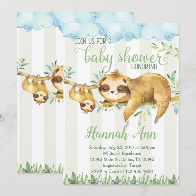 Invitación a Baby Shower de Sloth (Anverso / Reverso)