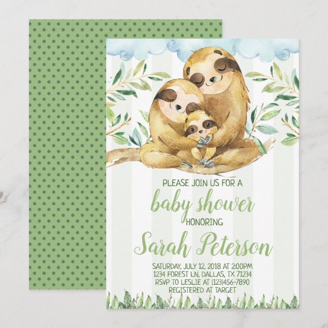 Invitación a Baby Shower de Sloth (Anverso / Reverso)