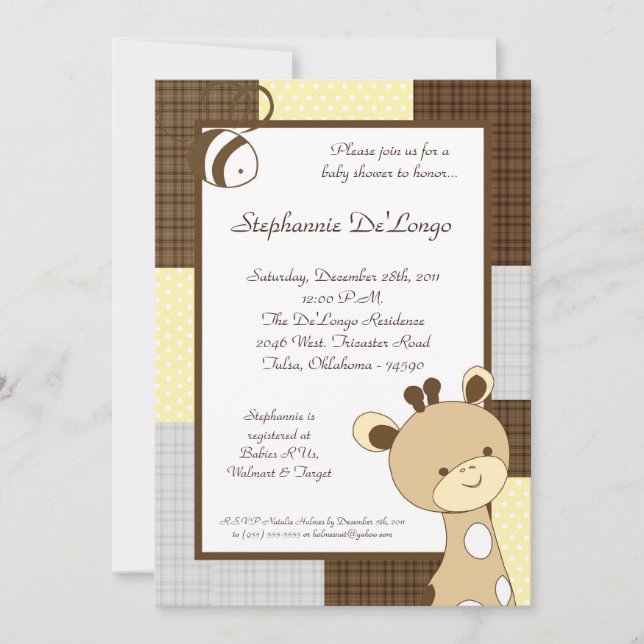 Invitación a Baby Shower de Snicker Doodle Giraffe (Anverso)