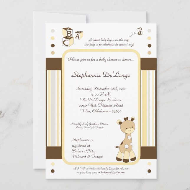 Invitación a Baby Shower de Snicker Doodle Giraffe (Anverso)