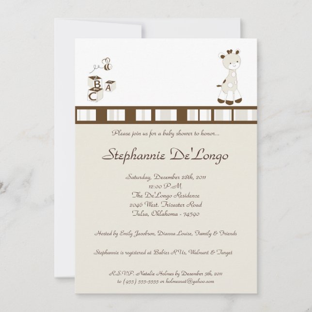 Invitación a Baby Shower de Snicker Doodle Giraffe (Anverso)