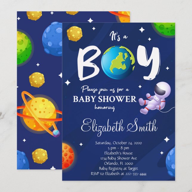 Invitación a Baby Shower de Space Boy (Anverso / Reverso)