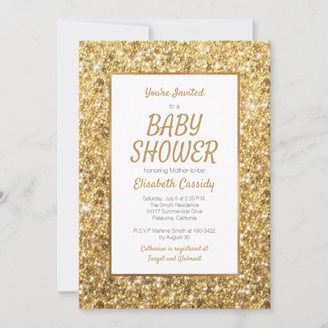 Invitación a Baby Shower de Sparkle Gold Purpurina (Anverso)