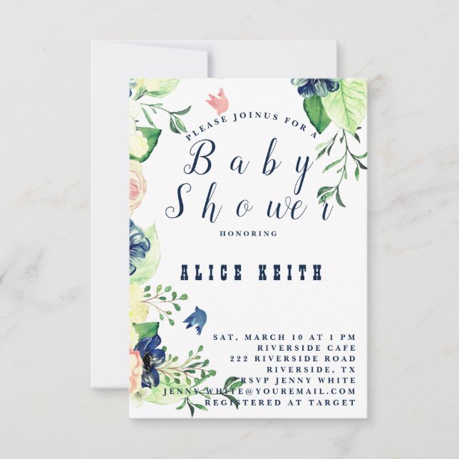 Invitación a Baby Shower de Spring Blue Floral (Anverso)