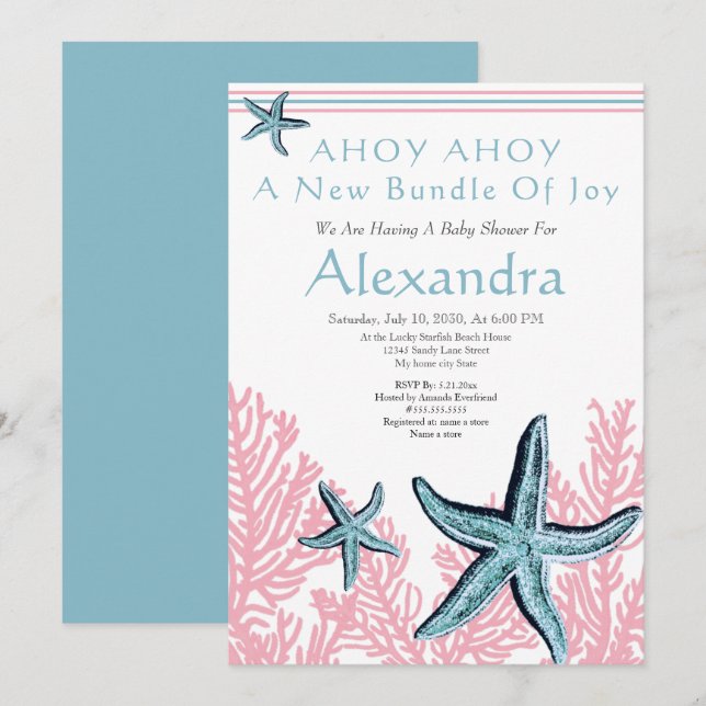 Invitación a Baby Shower de Starfish Coral Dusty B (Anverso / Reverso)