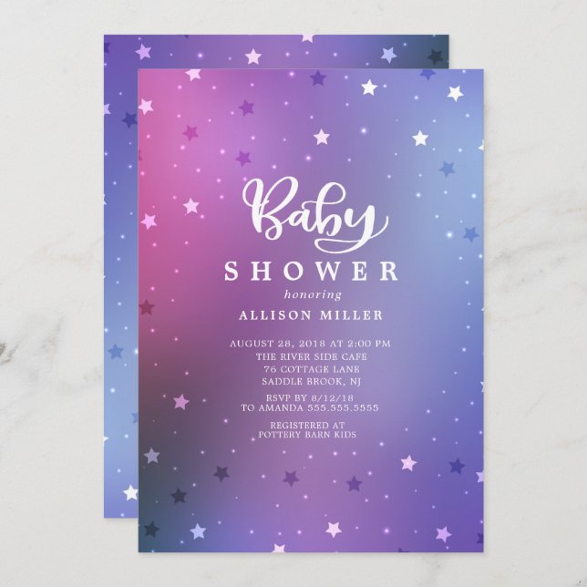Invitación a Baby Shower de Starry Night Chicas (Anverso / Reverso)