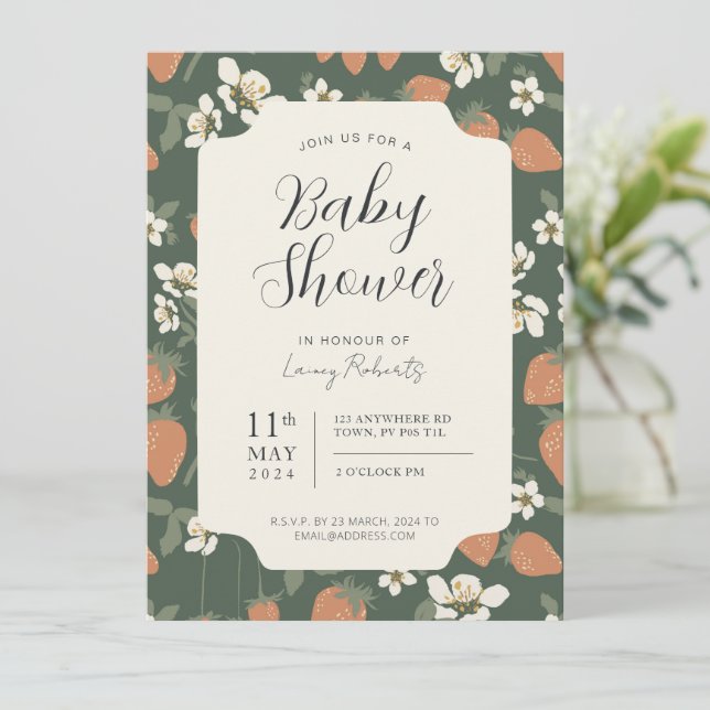 Invitación a Baby Shower de Stawberry Floral (Anverso de pie)