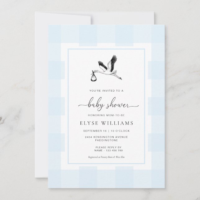 Invitación a Baby Shower de Stork Blue Gingham (Anverso)
