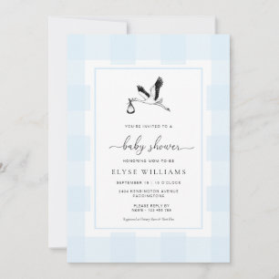 Invitación a Baby Shower de Stork Blue Gingham