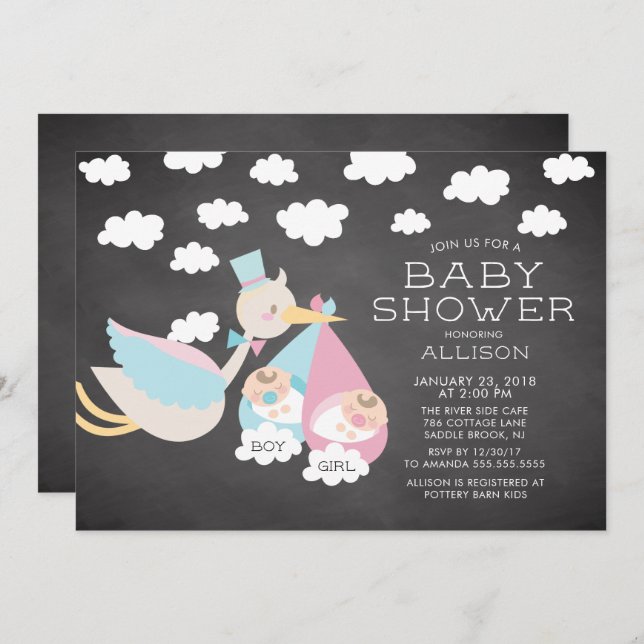 Invitación a Baby Shower de Stork & Boy Chica Twin (Anverso / Reverso)