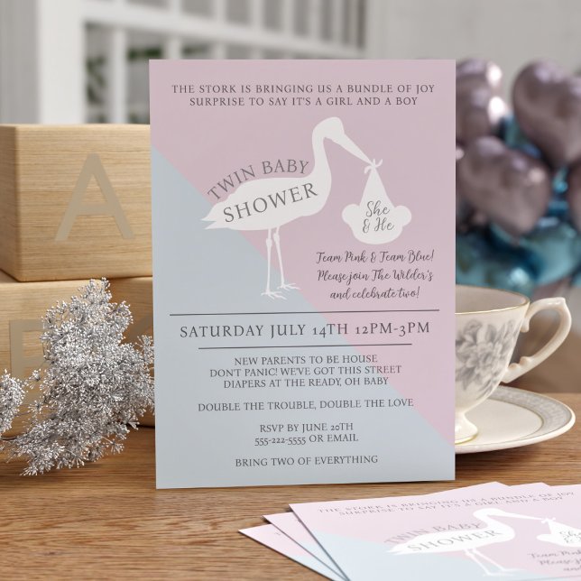 Invitación a Baby Shower de Stork Pink and Blue Tw (Just add your Twin Baby Shower Details)