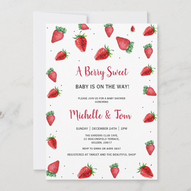 Invitación a Baby Shower de Strawberry | Berry Swe (Anverso)