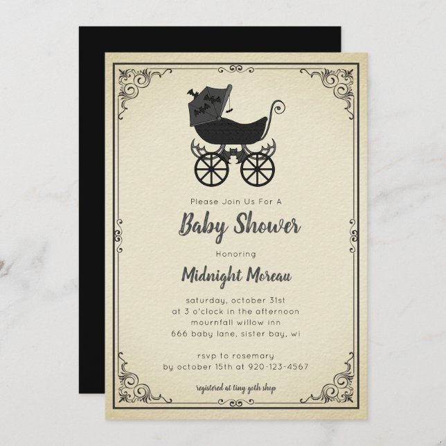 Invitación a Baby Shower de Stroller Bat gótico (Anverso / Reverso)