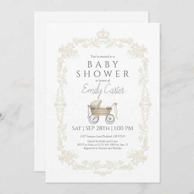Invitación a Baby Shower de Stroller Bebé Vintage  (Anverso / Reverso)