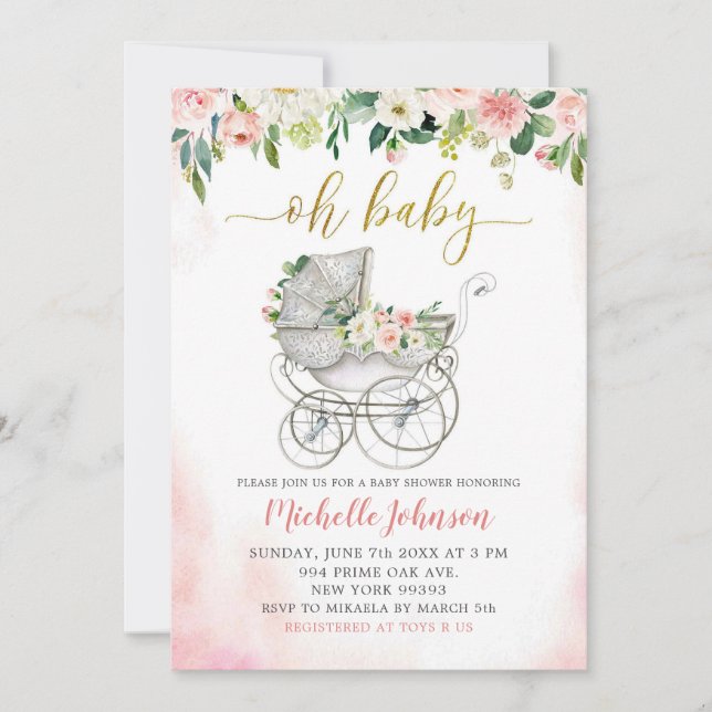 Invitación a Baby Shower de Stroller Floral Primav (Anverso)