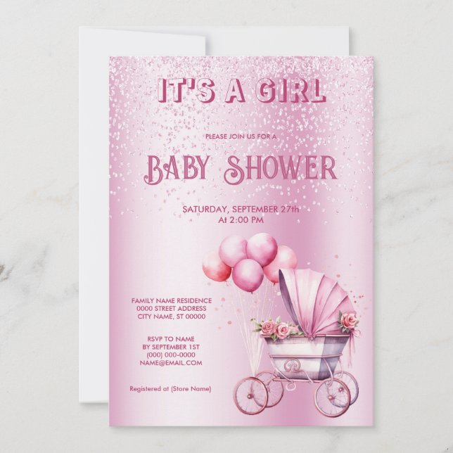 Invitación a Baby Shower de Stroller Rosa (Anverso)