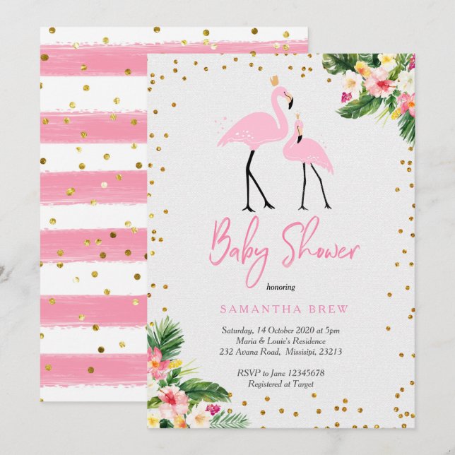 Invitación a Baby Shower de Summer Flamingo (Anverso / Reverso)