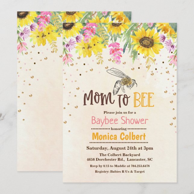 Invitación a Baby Shower de Sunflower Bee (Anverso / Reverso)