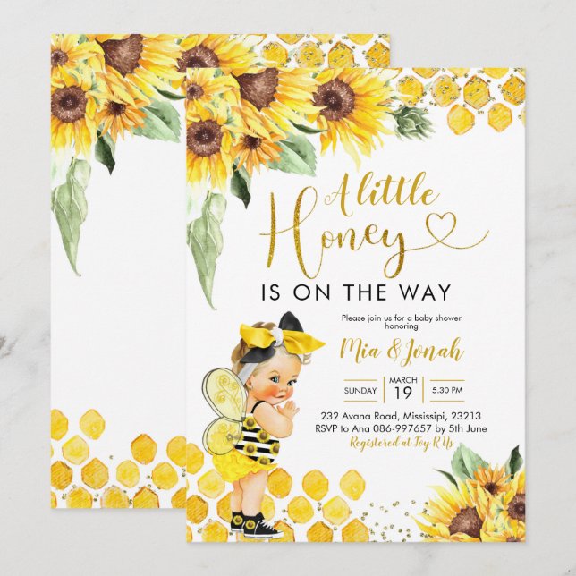 Invitación a Baby Shower de Sunflower Blonde Bee (Anverso / Reverso)