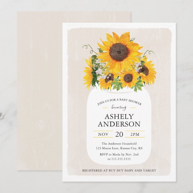 Invitación a Baby Shower de Sunflower Mason Jar (Anverso / Reverso)