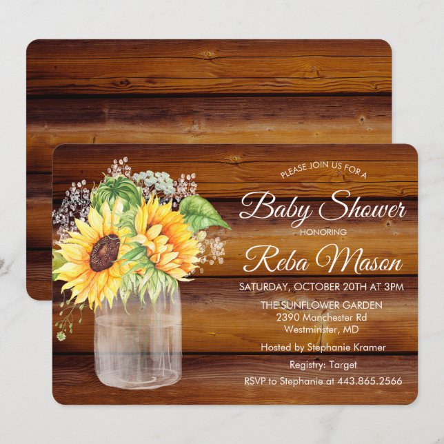 Invitación a Baby Shower de Sunflower Mason Jar (Anverso / Reverso)