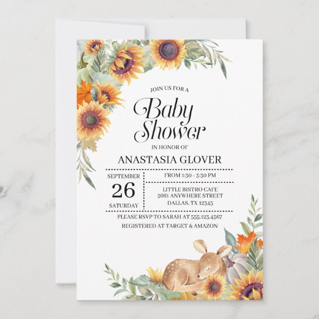 Invitación a Baby Shower de Sunflower Woodland (Anverso)