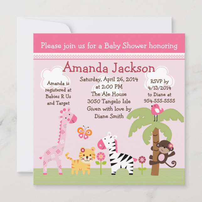 Invitación a Baby Shower de Sunny Safari/Chica Ani (Anverso)