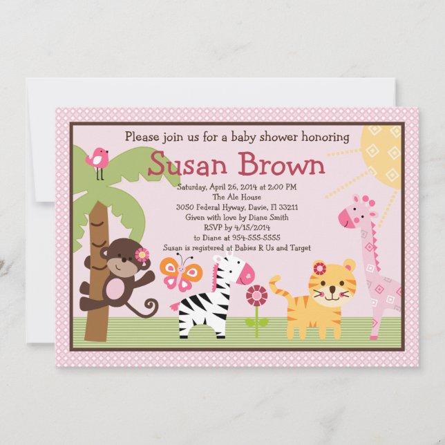Invitación a Baby Shower de Sunny Safari Chica Ani (Anverso)