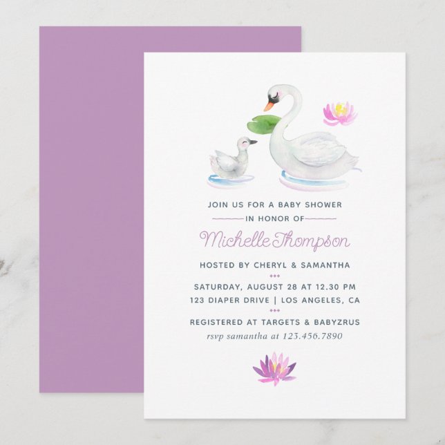 Invitación a Baby Shower de Swan Watercolor (Anverso / Reverso)