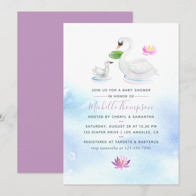 Invitación a Baby Shower de Swan Watercolor (Anverso / Reverso)