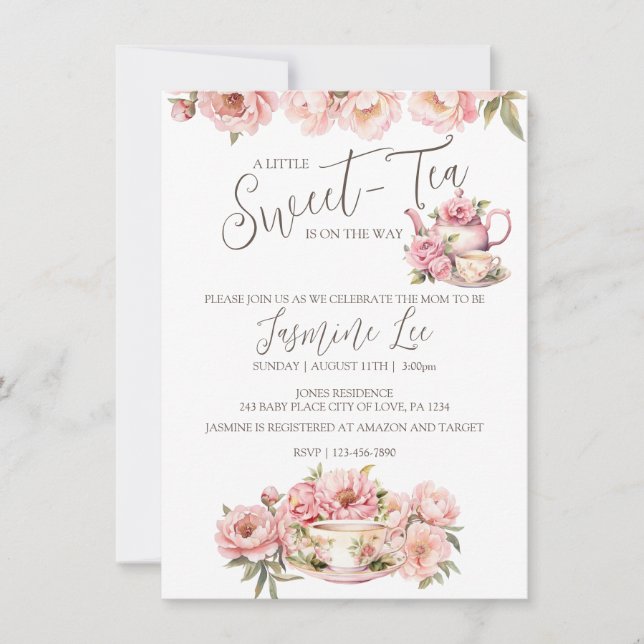 Invitación a Baby Shower de Sweet Baby Girl Tea Fi (Anverso)