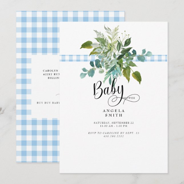Invitación a Baby Shower de Sweet Blue Gingham Fol (Anverso / Reverso)