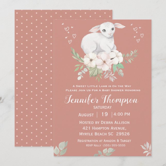 Invitación a Baby Shower de Sweet Lamb Greenery (Anverso / Reverso)