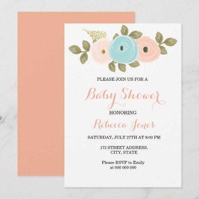 Invitación a Baby Shower de Sweet Peach Floral (Anverso / Reverso)