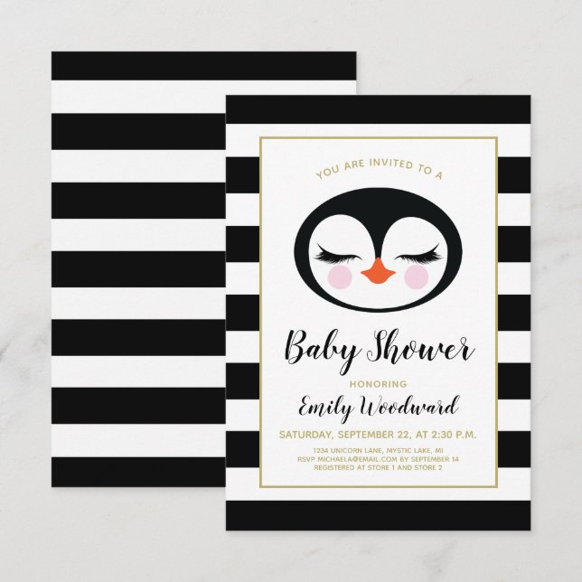 Invitación a Baby Shower de Sweet Penguin Face (Anverso / Reverso)