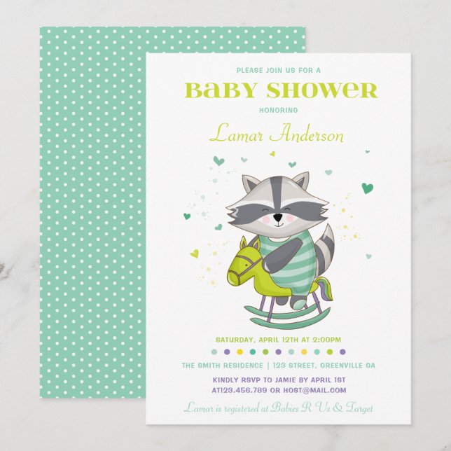 Invitación a Baby Shower de Sweet Raccoon (Anverso / Reverso)