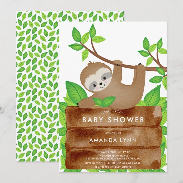 Invitación a Baby Shower de Sweet Sloth (Anverso / Reverso)