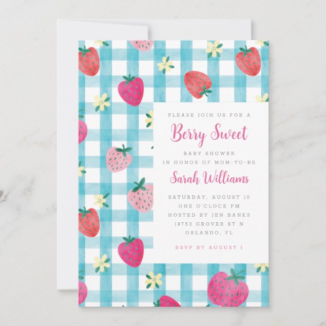 Invitación a Baby Shower de Sweet Strawberry Gingh (Anverso)